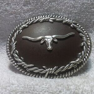 Nocona Buckles Texas Longhorns Barbed Wire Rope Edge Brown Silver Buckle Great